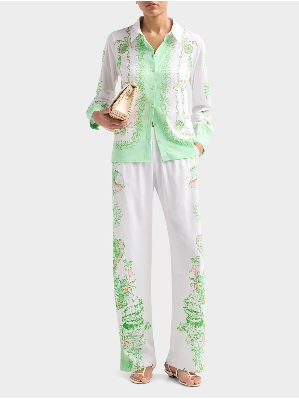 Lilly Pulitzer Bal Harbour Printed Wide-Leg Pants Nautical Mint Green Print